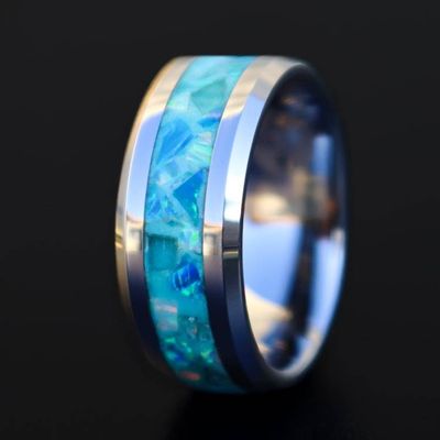 Primary image for Handmade Aquamarine Ring, Opal Tungsten Inlay, Glow in Dark Wedding Band
