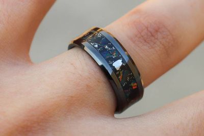 Alternate image for Handmade Black Ceramic Ring: Fire Opal, Meteorite, and Obsidian Inlay