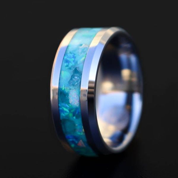 Alternate image for Handmade Aquamarine Ring, Opal Tungsten Inlay, Glow in Dark Wedding Band