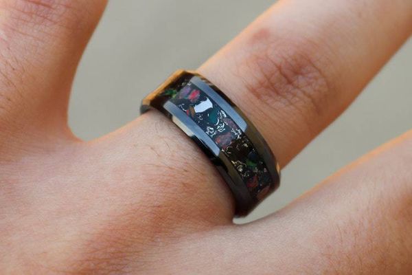 Alternate image for Handmade Black Ceramic Ring: Fire Opal, Meteorite, and Obsidian Inlay