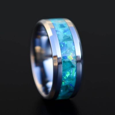 Alternate image for Handmade Aquamarine Ring, Opal Tungsten Inlay, Glow in Dark Wedding Band