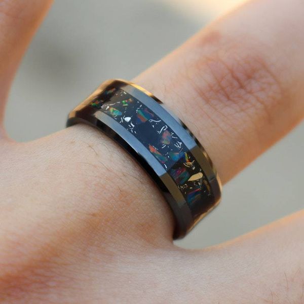 Alternate image for Handmade Black Ceramic Ring: Fire Opal, Meteorite, and Obsidian Inlay