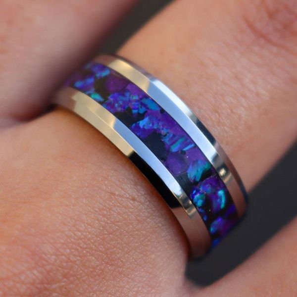Alternate image for Tungsten Purple Opal Ring, Amethyst Inlay, Glow in the Dark