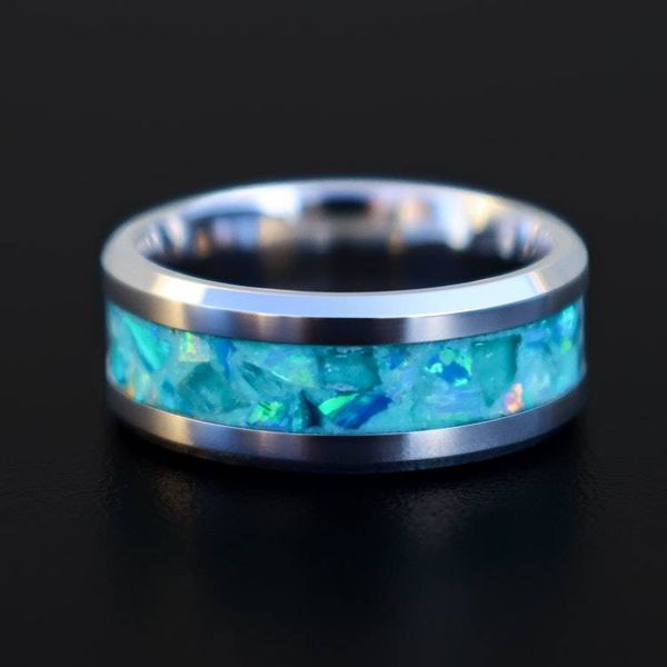 Alternate image for Handmade Aquamarine Ring, Opal Tungsten Inlay, Glow in Dark Wedding Band
