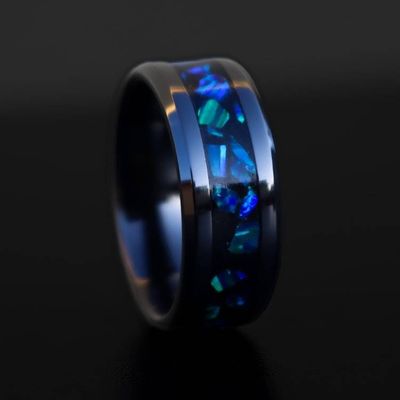 Primary image for Handmade Galaxy Ring, Black Ceramic Band, Blue Opal Glowstone Inlay