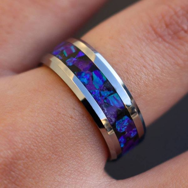 Alternate image for Tungsten Purple Opal Ring, Amethyst Inlay, Glow in the Dark