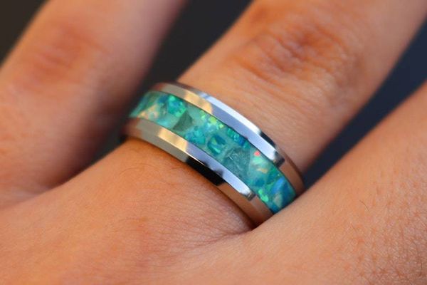 Alternate image for Handmade Aquamarine Ring, Opal Tungsten Inlay, Glow in Dark Wedding Band
