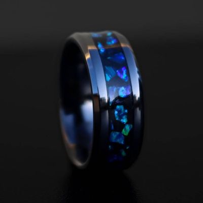 Alternate image for Handmade Galaxy Ring, Black Ceramic Band, Blue Opal Glowstone Inlay