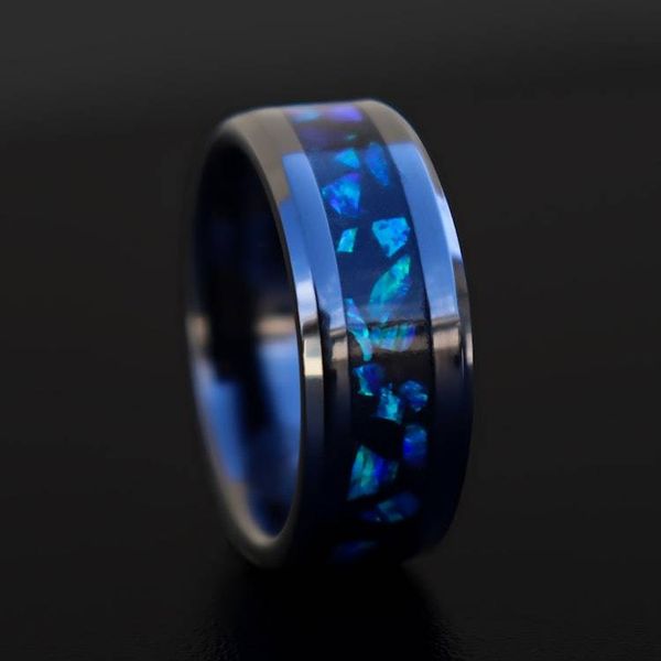 Alternate image for Handmade Galaxy Ring, Black Ceramic Band, Blue Opal Glowstone Inlay