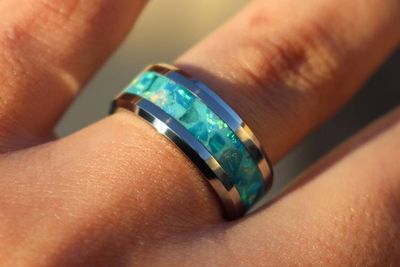 Alternate image for Handmade Aquamarine Ring, Opal Tungsten Inlay, Glow in Dark Wedding Band