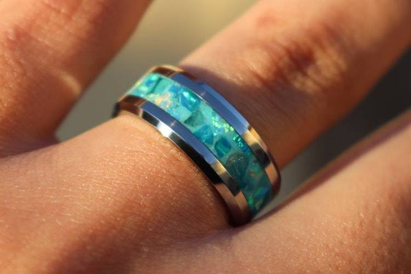 Alternate image for Handmade Aquamarine Ring, Opal Tungsten Inlay, Glow in Dark Wedding Band