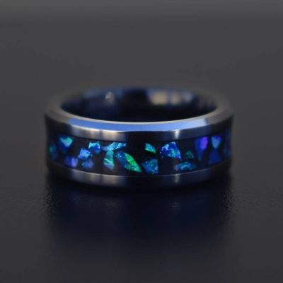 Alternate image for Handmade Galaxy Ring, Black Ceramic Band, Blue Opal Glowstone Inlay
