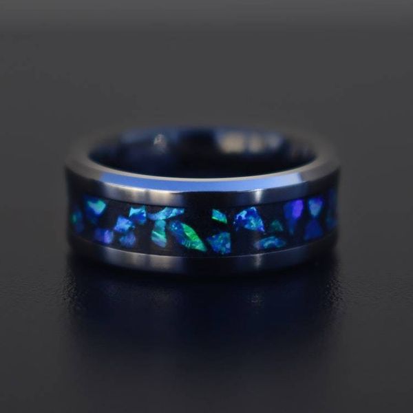 Alternate image for Handmade Galaxy Ring, Black Ceramic Band, Blue Opal Glowstone Inlay