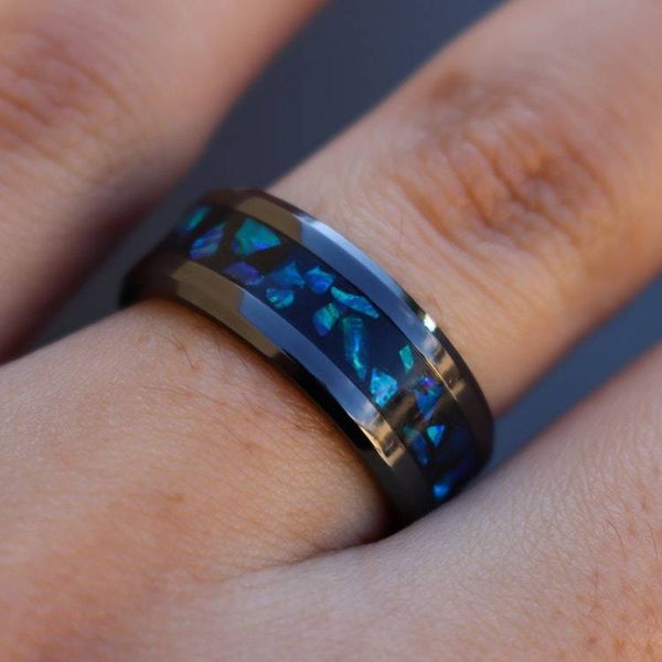 Alternate image for Handmade Galaxy Ring, Black Ceramic Band, Blue Opal Glowstone Inlay