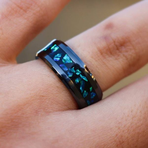 Alternate image for Handmade Galaxy Ring, Black Ceramic Band, Blue Opal Glowstone Inlay