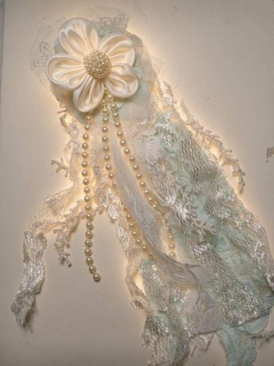 Alternate image for Handcrafted Ivory lace brooch accessory with satin flower and pearl cascades
