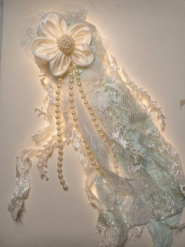 Alternate image for Handcrafted Ivory lace brooch accessory with satin flower and pearl cascades