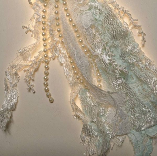 Alternate image for Handcrafted Ivory lace brooch accessory with satin flower and pearl cascades