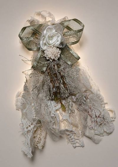 Alternate image for Handcrafted Vintage-Inspired lace and ribbon Corsage/Brooch with Silver Accents