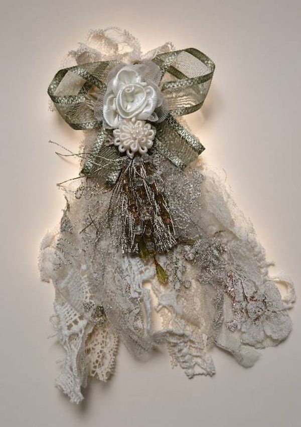 Alternate image for Handcrafted Vintage-Inspired lace and ribbon Corsage/Brooch with Silver Accents
