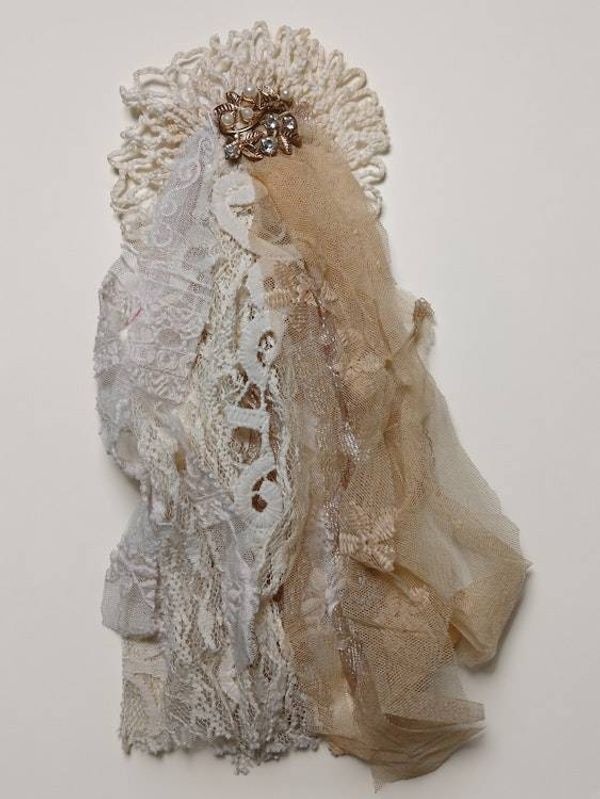 Alternate image for Handcrafted lace fiber Bohemian style brooch with vintage lace and embellishments