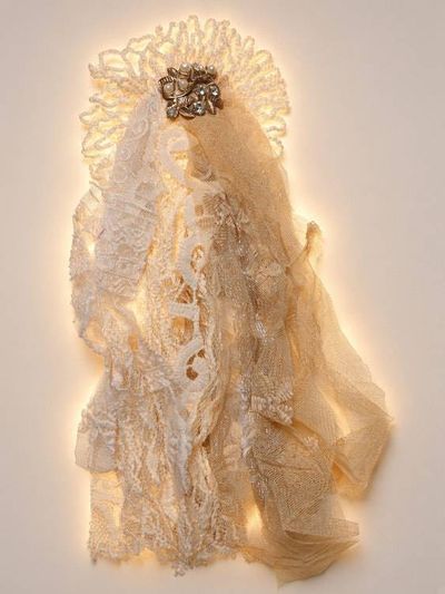 Alternate image for Handcrafted lace fiber Bohemian style brooch with vintage lace and embellishments