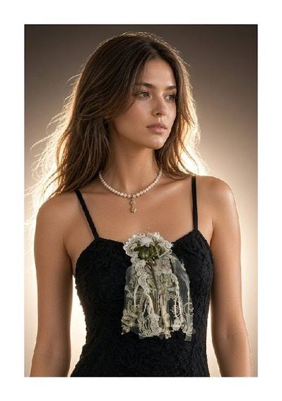 Primary image for Delicate embroidered lace textile brooch pin with nature-inspired motifs