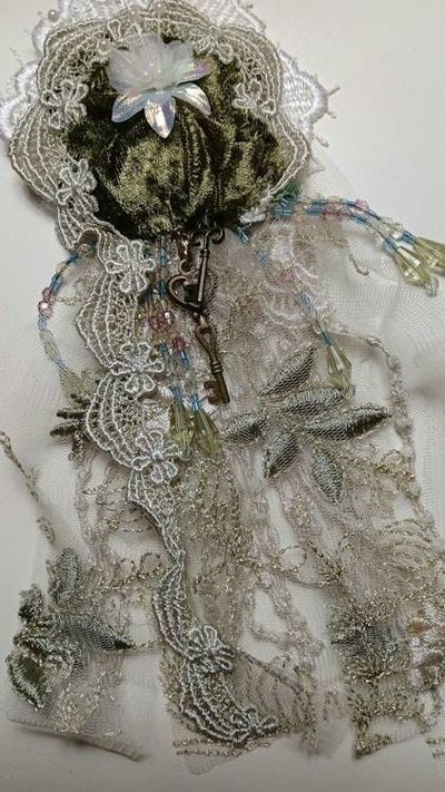 Alternate image for Delicate embroidered lace textile brooch pin with nature-inspired motifs