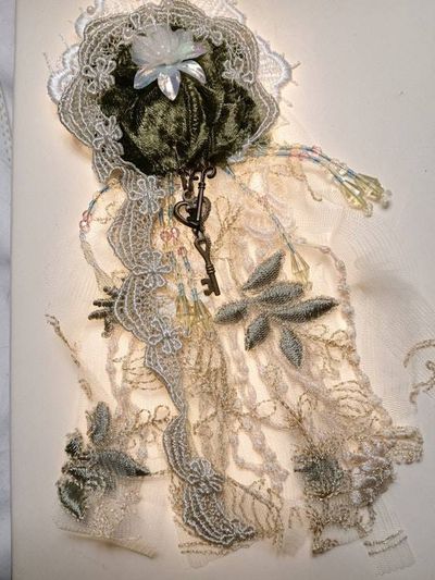 Alternate image for Delicate embroidered lace textile brooch pin with nature-inspired motifs