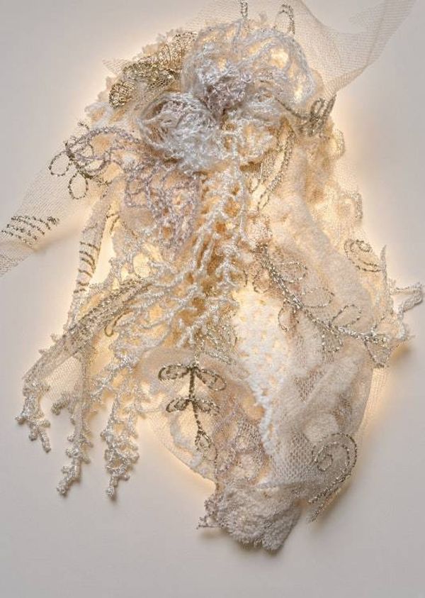 Alternate image for Ethereal white and gold lace brooch pin with embellishments