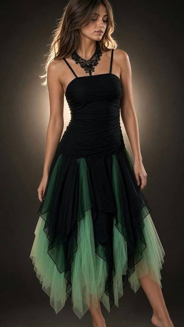Alternate image for Handcrafted black and emerald green tulle evening or prom dress with asymmetric hem
