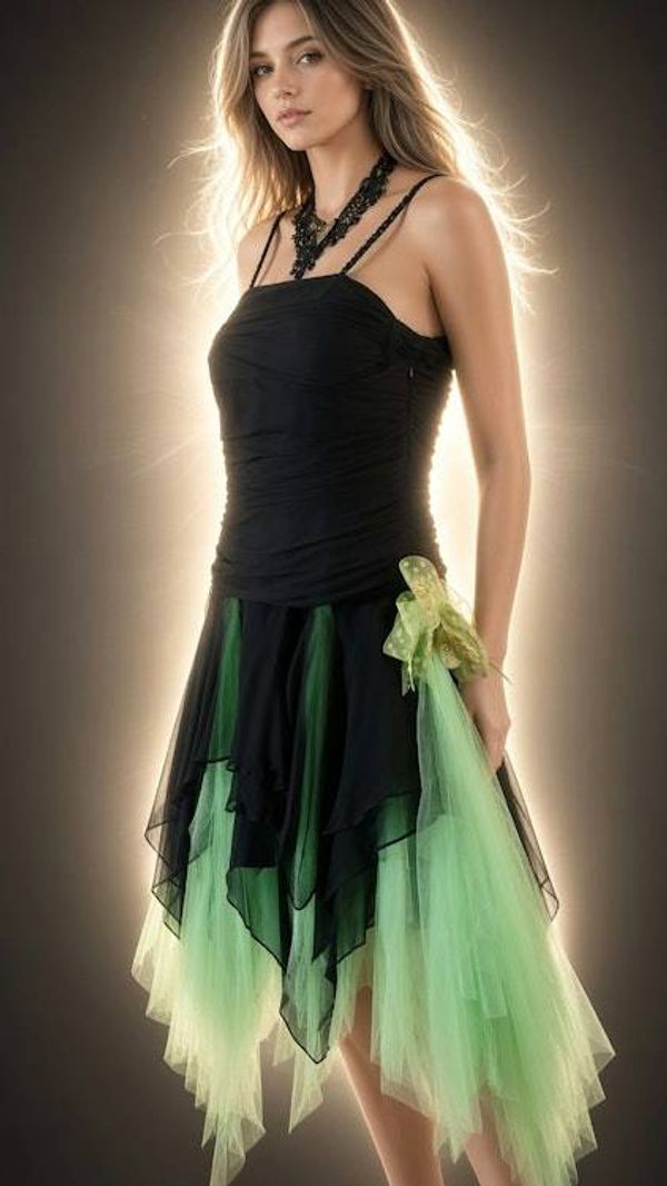 Alternate image for Handcrafted black and emerald green tulle evening or prom dress with asymmetric hem