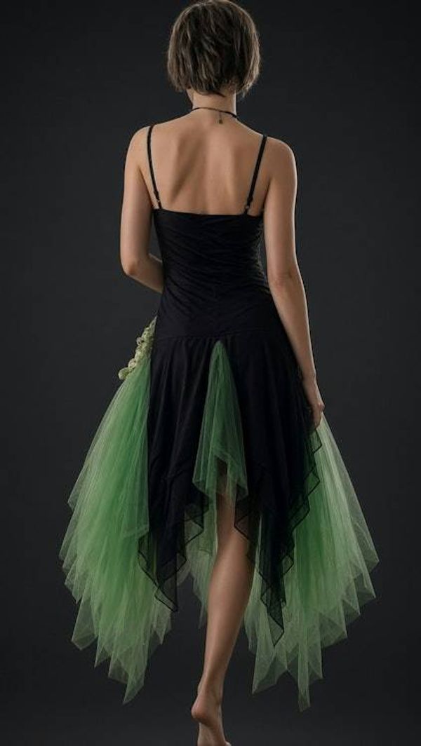 Alternate image for Handcrafted black and emerald green tulle evening or prom dress with asymmetric hem