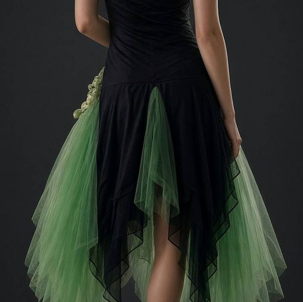 Alternate image for Handcrafted black and emerald green tulle evening or prom dress with asymmetric hem