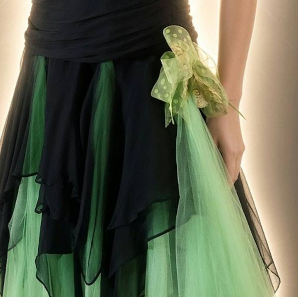 Alternate image for Handcrafted black and emerald green tulle evening or prom dress with asymmetric hem