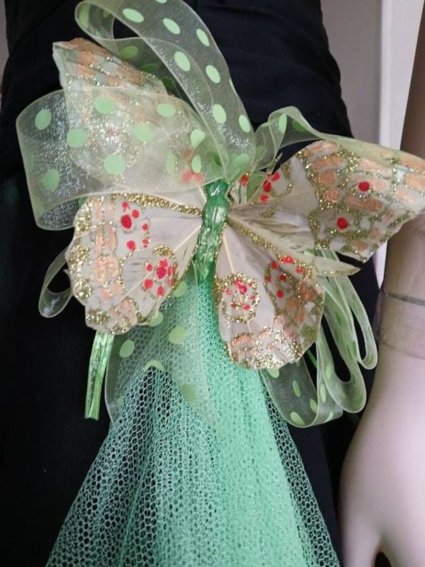 Alternate image for Handcrafted black and emerald green tulle evening or prom dress with asymmetric hem