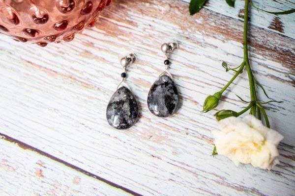 Alternate image for Midnight Veil Larvikite and Black Spinel Earrings
