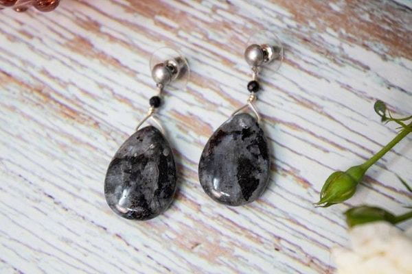 Alternate image for Midnight Veil Larvikite and Black Spinel Earrings