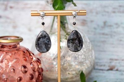 Alternate image for Midnight Veil Larvikite and Black Spinel Earrings