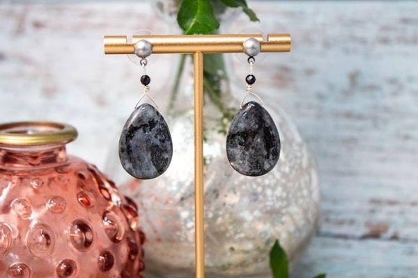 Alternate image for Midnight Veil Larvikite and Black Spinel Earrings