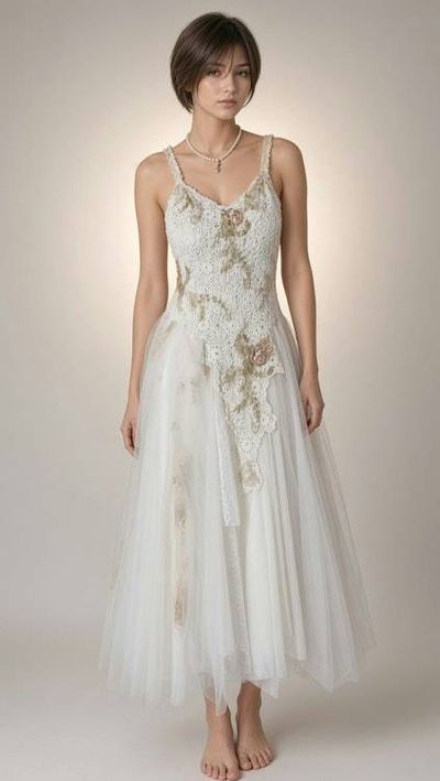 Primary image for Ethereal Ivory tulle tea-length gown with ornate lace and corset style back
