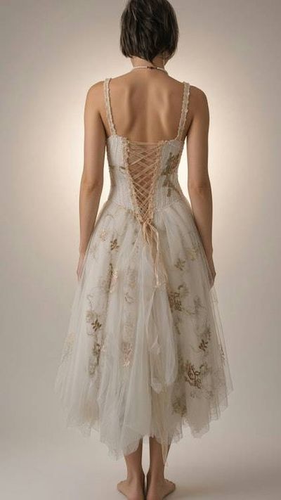 Alternate image for Ethereal Ivory tulle tea-length gown with ornate lace and corset style back