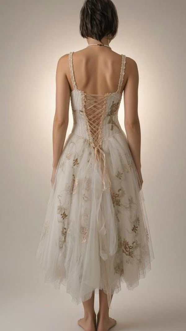 Alternate image for Ethereal Ivory tulle tea-length gown with ornate lace and corset style back