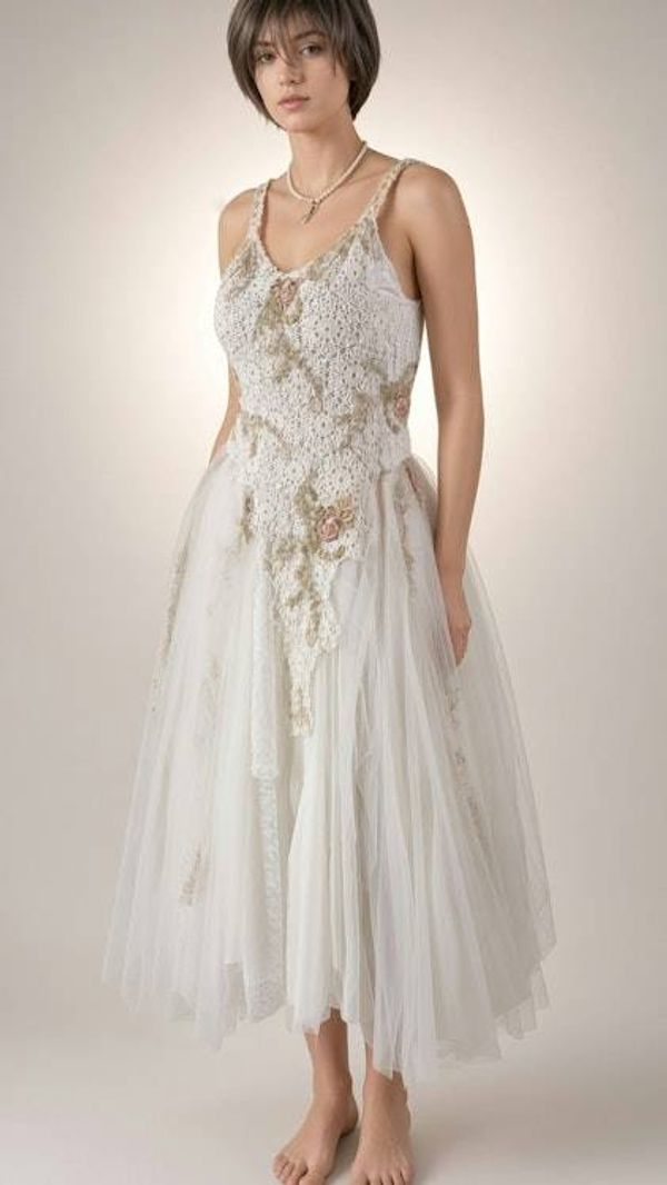 Alternate image for Ethereal Ivory tulle tea-length gown with ornate lace and corset style back