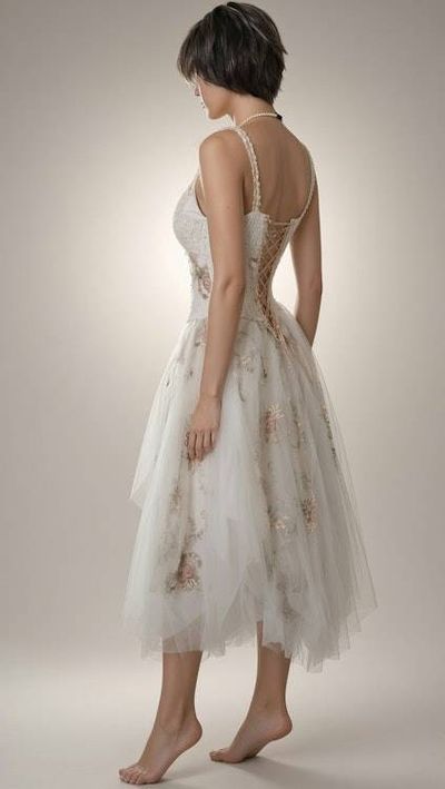 Alternate image for Ethereal Ivory tulle tea-length gown with ornate lace and corset style back