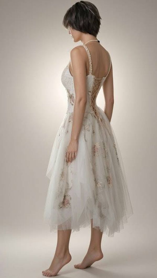 Alternate image for Ethereal Ivory tulle tea-length gown with ornate lace and corset style back