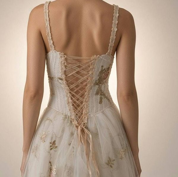 Alternate image for Ethereal Ivory tulle tea-length gown with ornate lace and corset style back