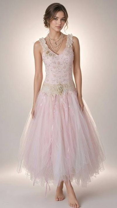 Primary image for Ethereal Pink Tulle Gown with Beaded Bodice and Open and laced Back