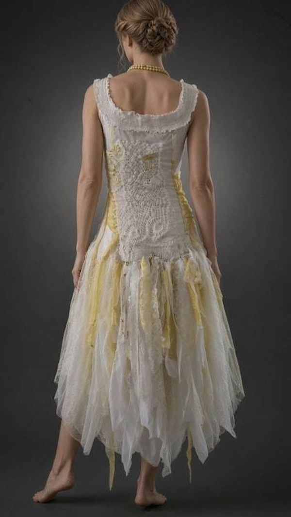 Alternate image for Ethereal handcrafted fairy Bohemian wedding dress with lace, fringe and ribbons