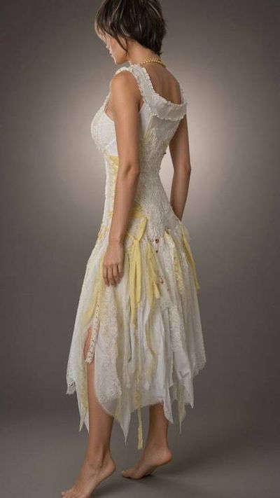 Alternate image for Ethereal handcrafted fairy Bohemian wedding dress with lace, fringe and ribbons
